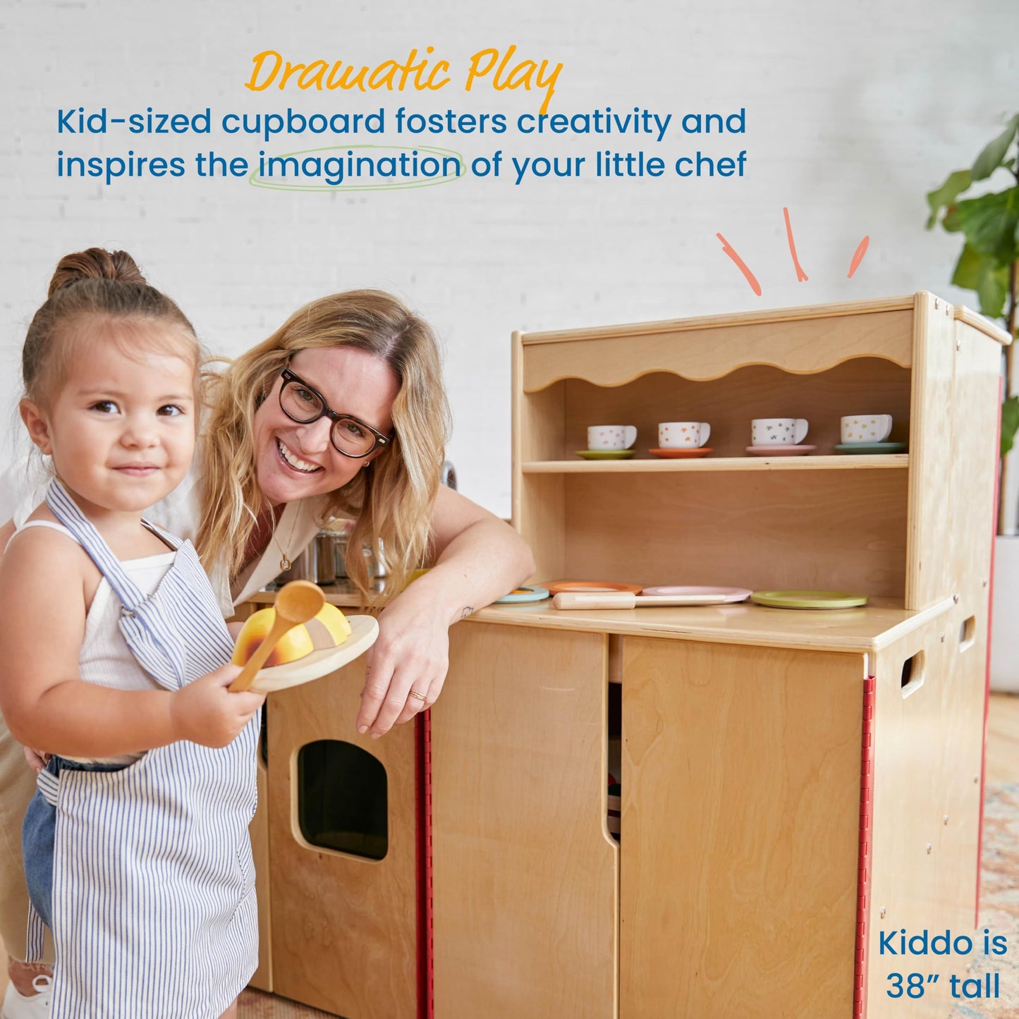ECR4Kids Wooden Pretend Play Kitchen Storage Cupboard for Kids, Montessori Furniture, Natural