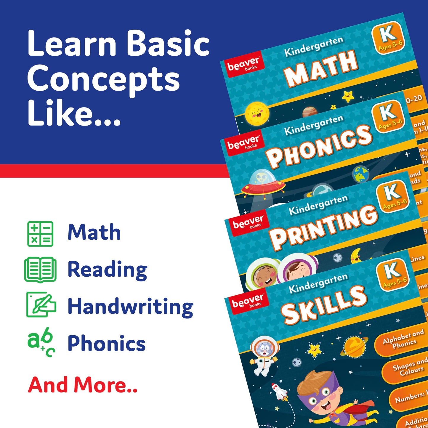 Kindergarten Academic Preparation Series for Students Ages 5-6, Educational Literacy Workbooks for Introductory Reading and Writing, Comprehensive ... Mathematics, Phonics, and Cognitive Skills