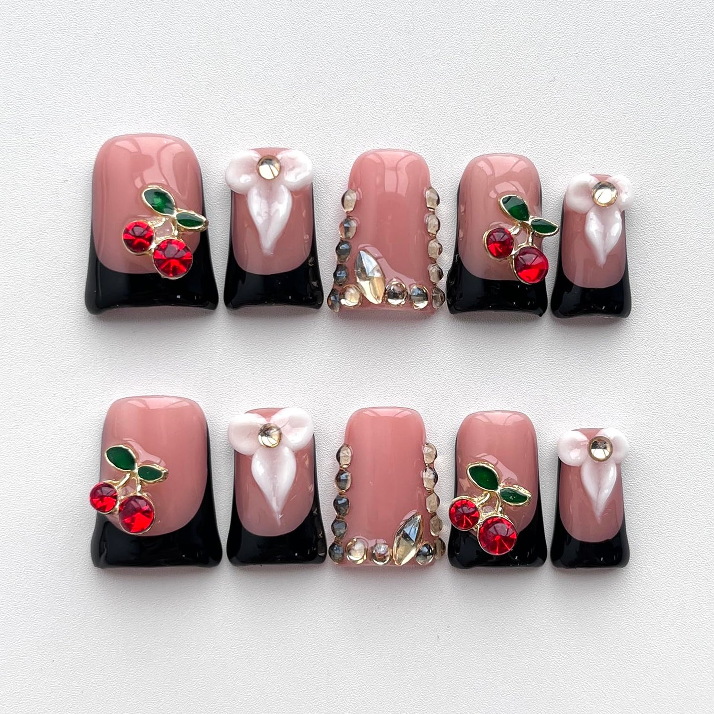 Black French Tip Press on Nails Short Duck Handmade Acrylic Nails 3D Floral Thick Fake Nails with Rhinestones Flower Cherry Designs Elegant Sturdy Art False Press on Nail 10Pcs(S)