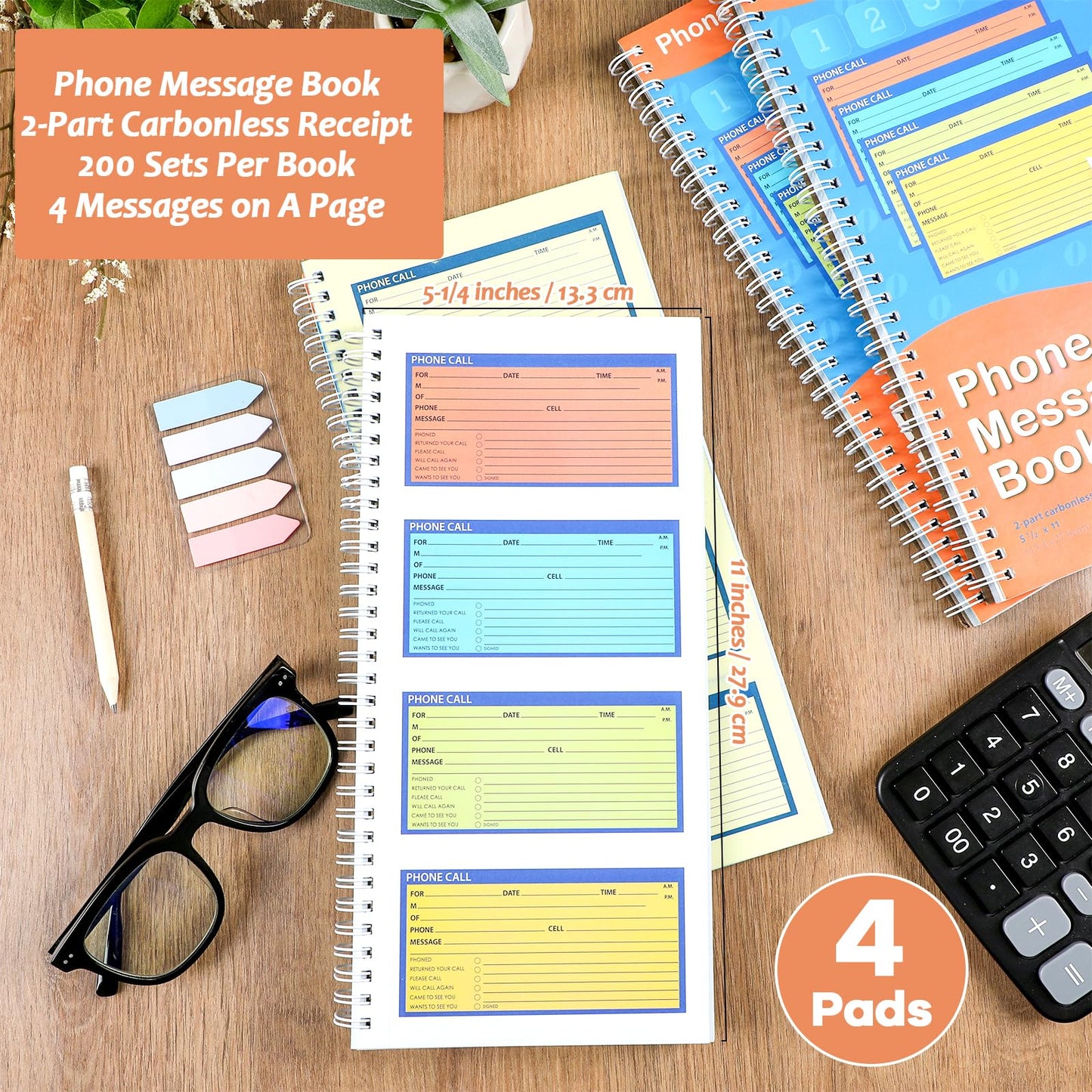 Spiral Bound Phone Message Book 5-1/4x11inch Phone Message Forms Book 2 Part Carbonless Phone Message Pads Phone Call Log Book Voicemail Log Book While You Were Out Message Pad 4 Messages/Page
