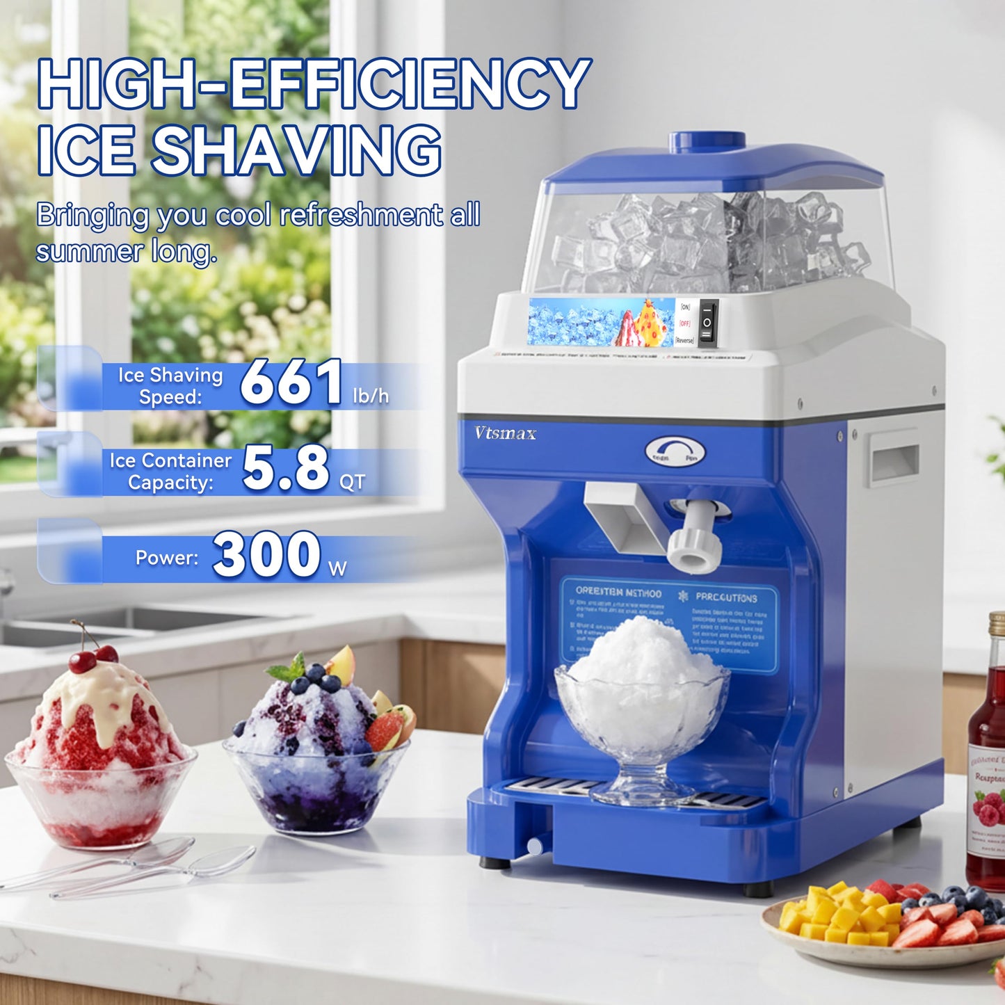 Vtsmax Electric Ice Shaver Machine, 300W Shaved Ice Machine, Thickness Adjustable Snow Cone Maker Machine 661LBs/hr Ice Crusher for Bar Parties Events Snack, Home and Commerical Use Blue(5.8Qt)