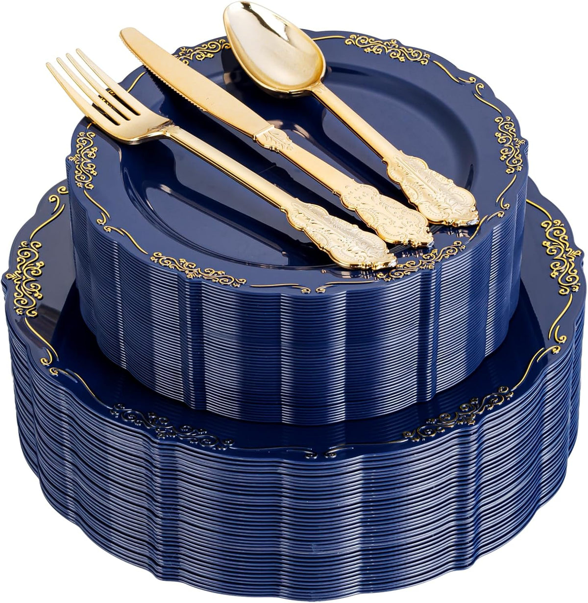 DaYammi 150Pcs Blue Plastic Plates Heavy Duty Navy Blue Disposable Plates with Gold Plastic Silverware include 30 Dinner Plate, 30 Dessert Plate, 90 Gold Silverware Set for Party Wedding