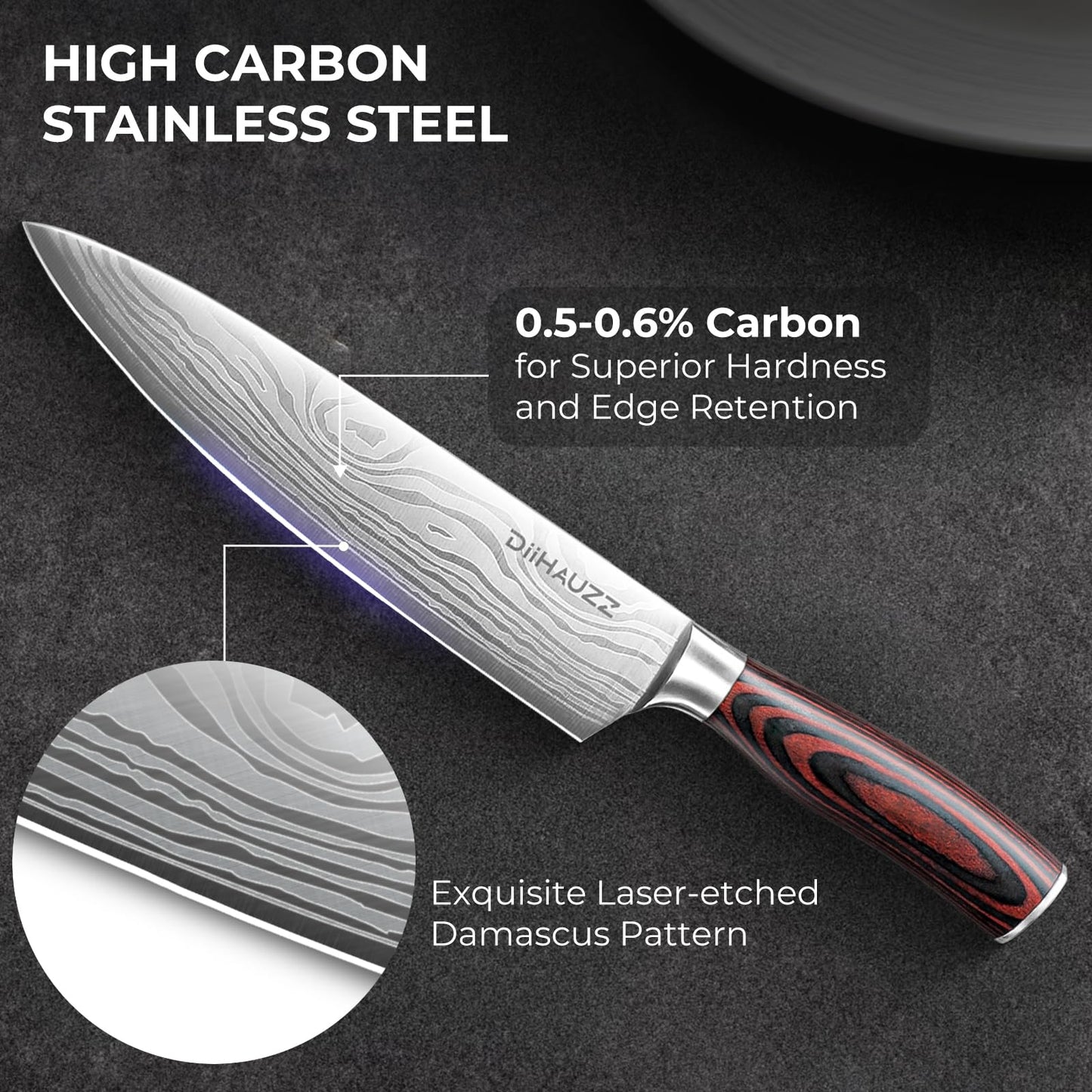 DiiHAUZZ Chef Knife, 8 Inch Ultra Sharp Kitchen Knife, High Carbon Stainless Steel Chefs Knife with Ergonomic Handle, Professional Forged with Sheath and Gift Box for Men and Women, Mothers Day Gift