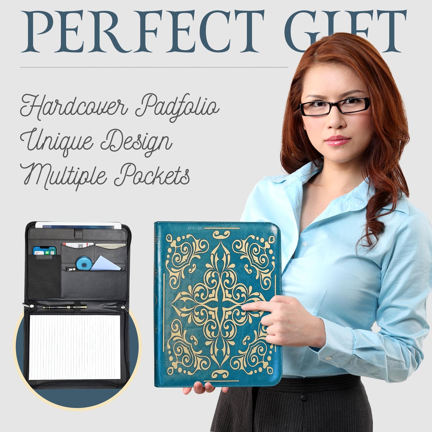 Professional Padfolio for Organized Productivity, Zippered Portfolio, Business Card & Interview Portfolio, Tablet, Laptop, Phone & Folder Holder, Included Pen & Notepad, Antique Teal Binder.