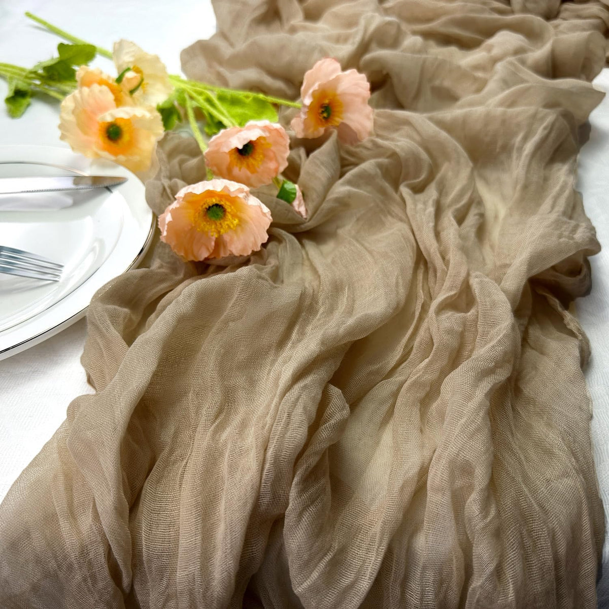 Booque Valley Nude Cheesecloth Table Runner 120 Inch 10ft Super Soft Boho Wrinkled Gauze Sheer Cloth for Baby Shower Birthday Bridal Shower Wedding Centerpiece Table Decoration, 3 Pack, Tan
