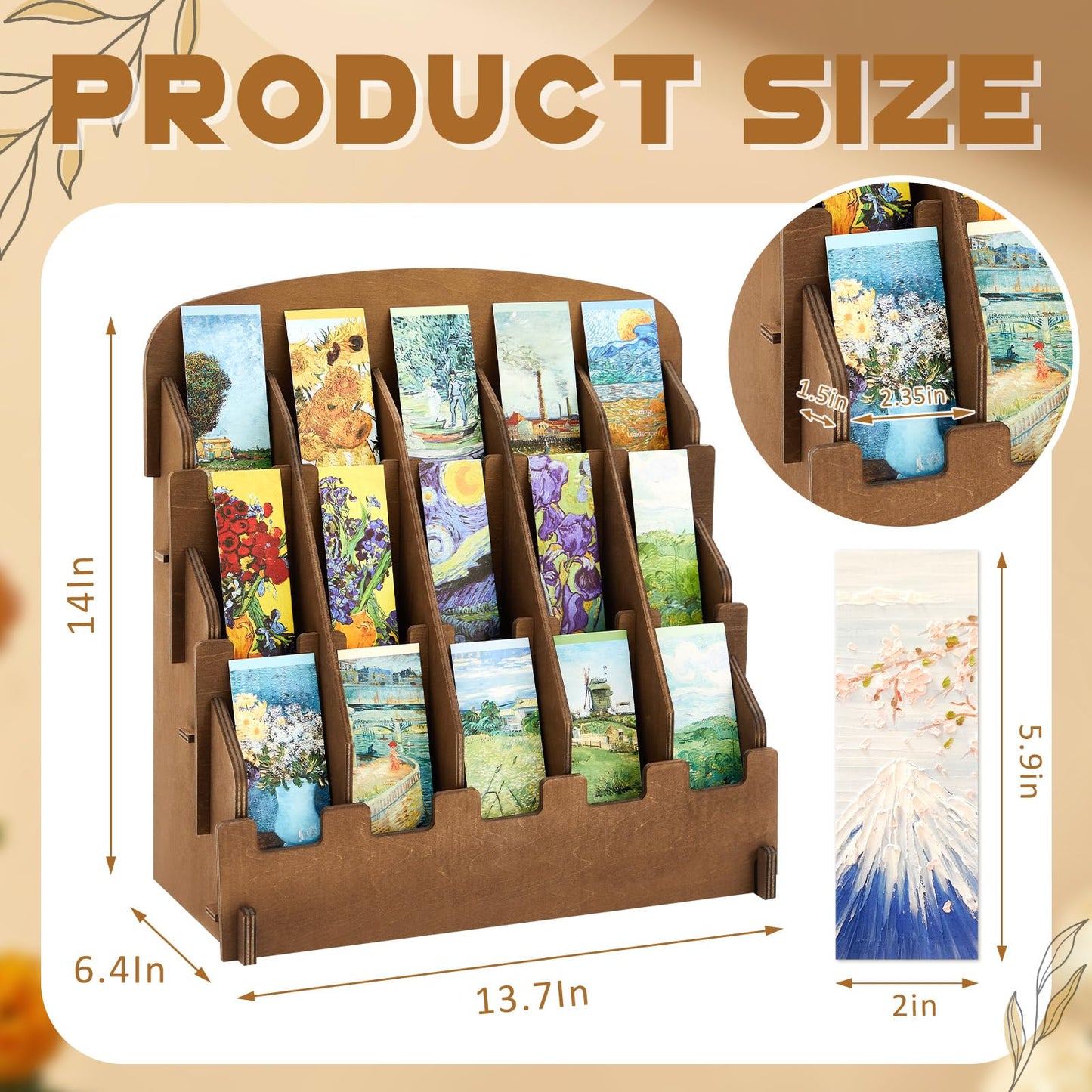Yuntau Bookmark Display for 2.2'' Bookmark, Adjustable Dividers, Portable Sticker Holder, Curved Pockets Greeting Card Display for Business Vendor, Retail Store Shop(15 Pockets,Brown)