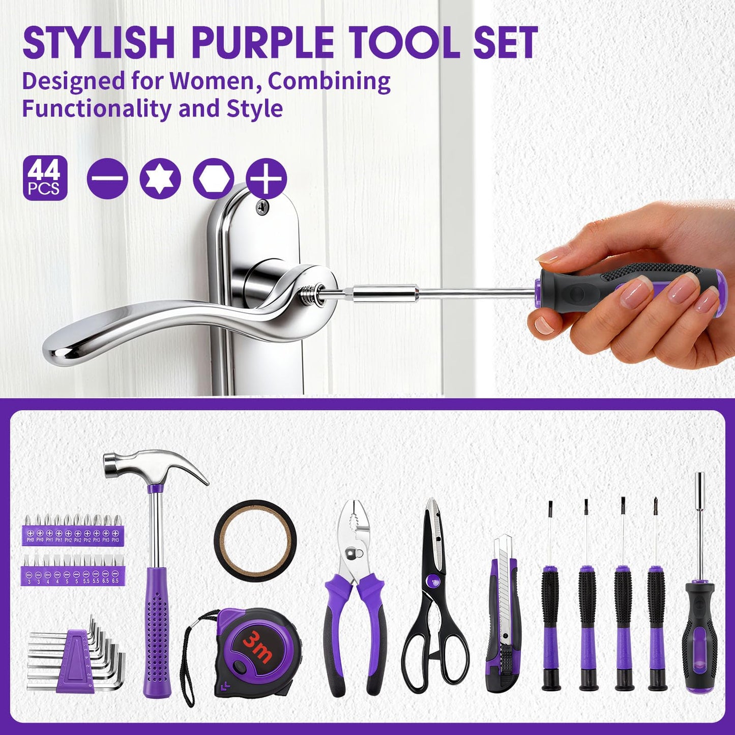 FlexiArc General Household Tool Set - Purple Hand Tool Kit with Waist Pouch & Gloves, Tool Kit for Women Everyday Home Repairs, DIY and Crafts, 112 pcs