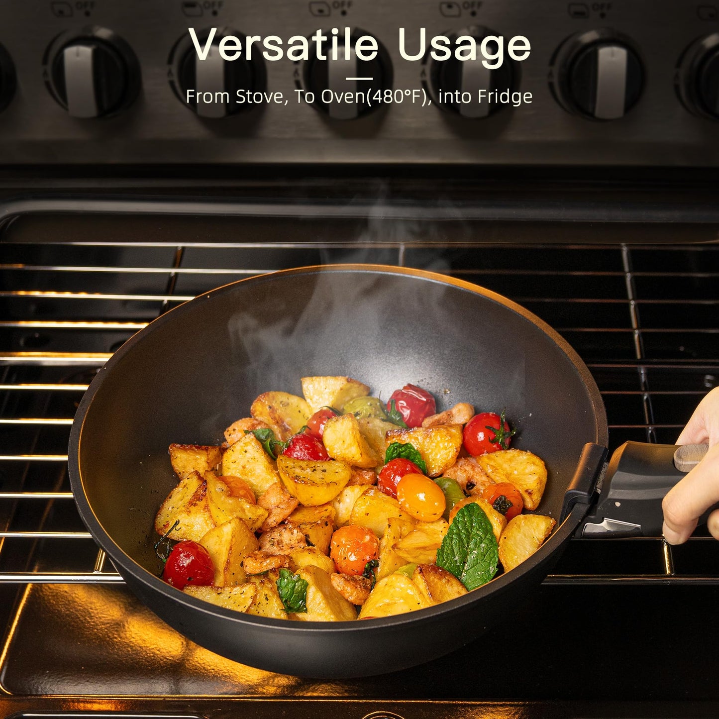 Astercook Non Stick RV Pots and Pans Ceramic Kitchen Cookware Set with Detachable/Removable Handle, Oven Safe, Induction Ready, Stackable, Black, 21 pcs
