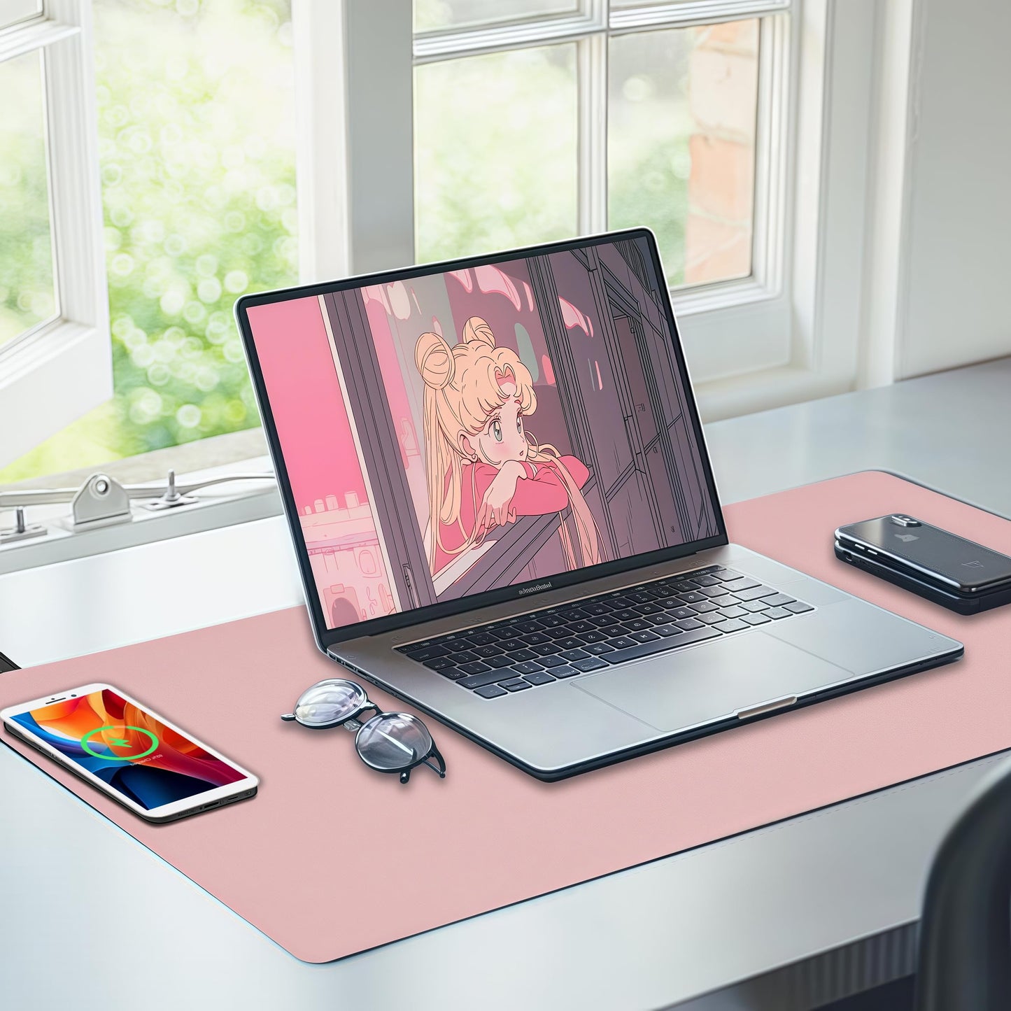 Desk Mat with Wireless Charging, Pink Mouse Pad with Wireless Charger, Desk Pad Matt for Desktop, Mousepad Gaming Large Mouse Pad, Leather Compute for Keyboard and Mouse, 32" x 16"