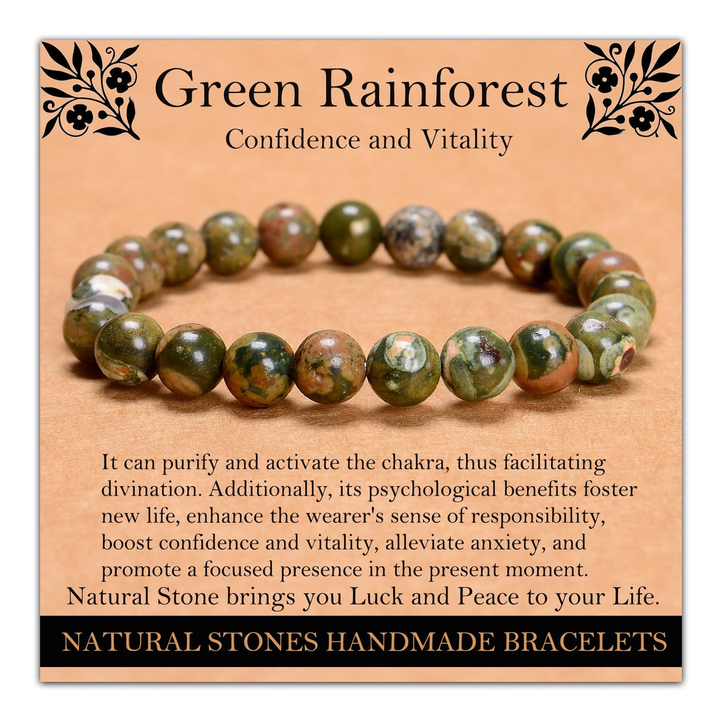 Handmade Natural Gemstone Elastic Bracelet - Healing Crystal Beads Jewelry, Unisex (Green Rainforest Jasper, 8mm)