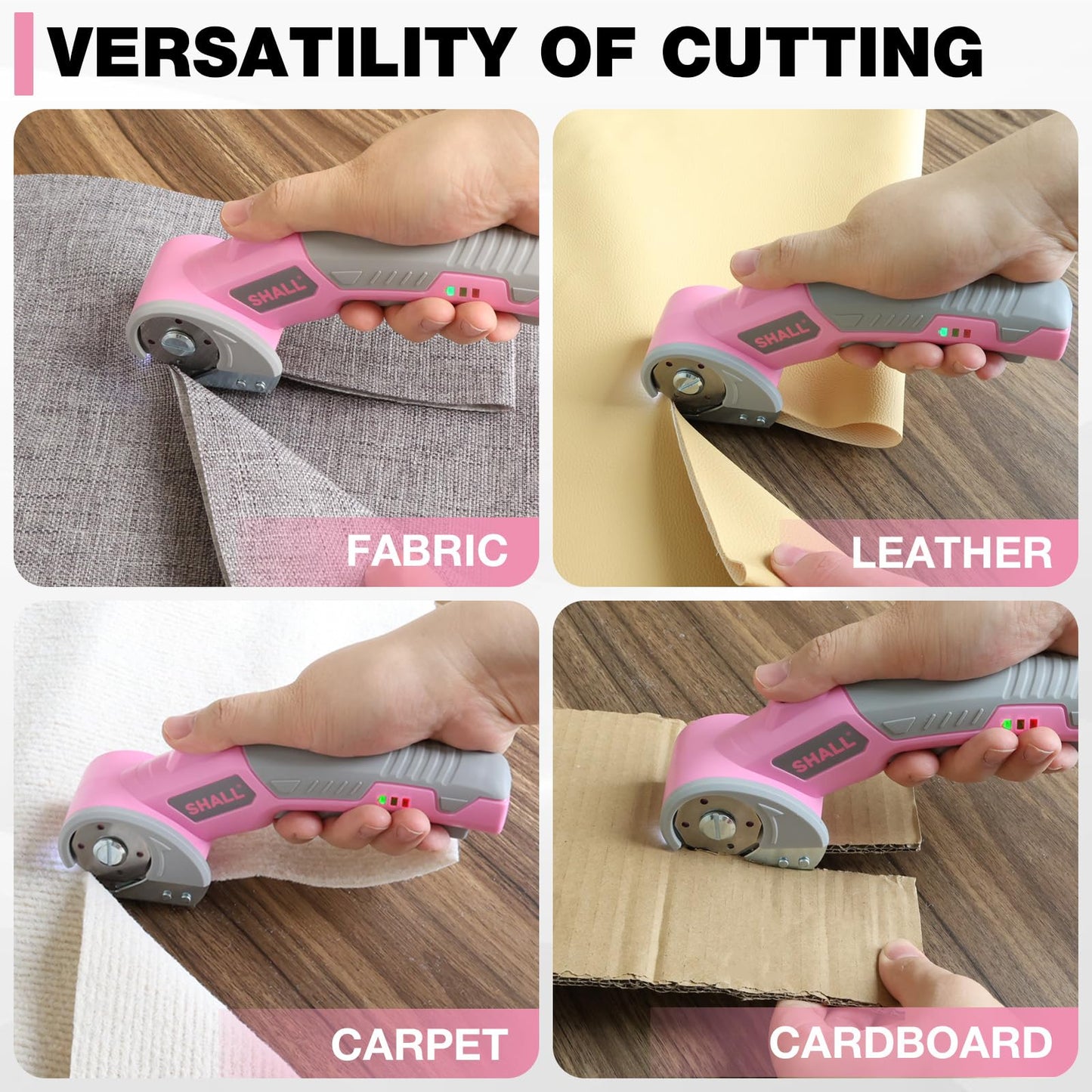 SHALL 4V Cordless Electric Scissors, Rechargeable Cardboard Cutter, Rotary Electric Box Cutter w/Safety Lock, LED Light & Replacement Blade for Fabric, Leather, Carpet, Cardboard & Plastic, Pink/Grey