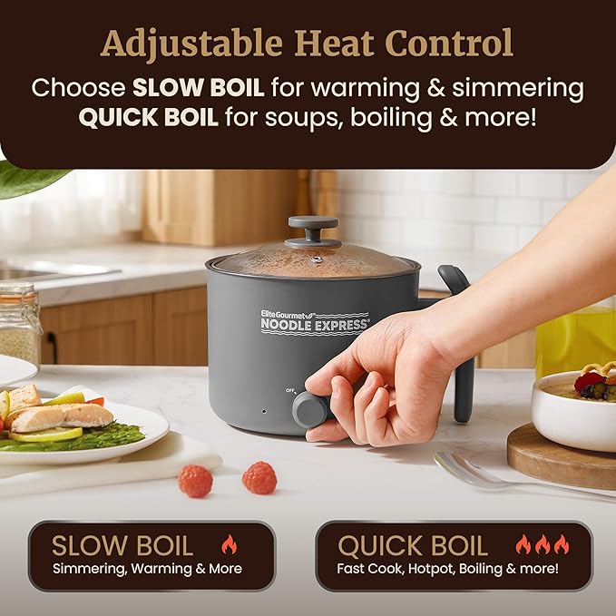 Elite Gourmet NOODLE EXPRESS Electric Hot Pot, Prepare Noodles, Soups, Stews, Cool-touch Handle, Ceralast™ PFAS-Free Ceramic Non-stick, Tempered Glass Lid, 2 Heat Settings-High/Low, Grey