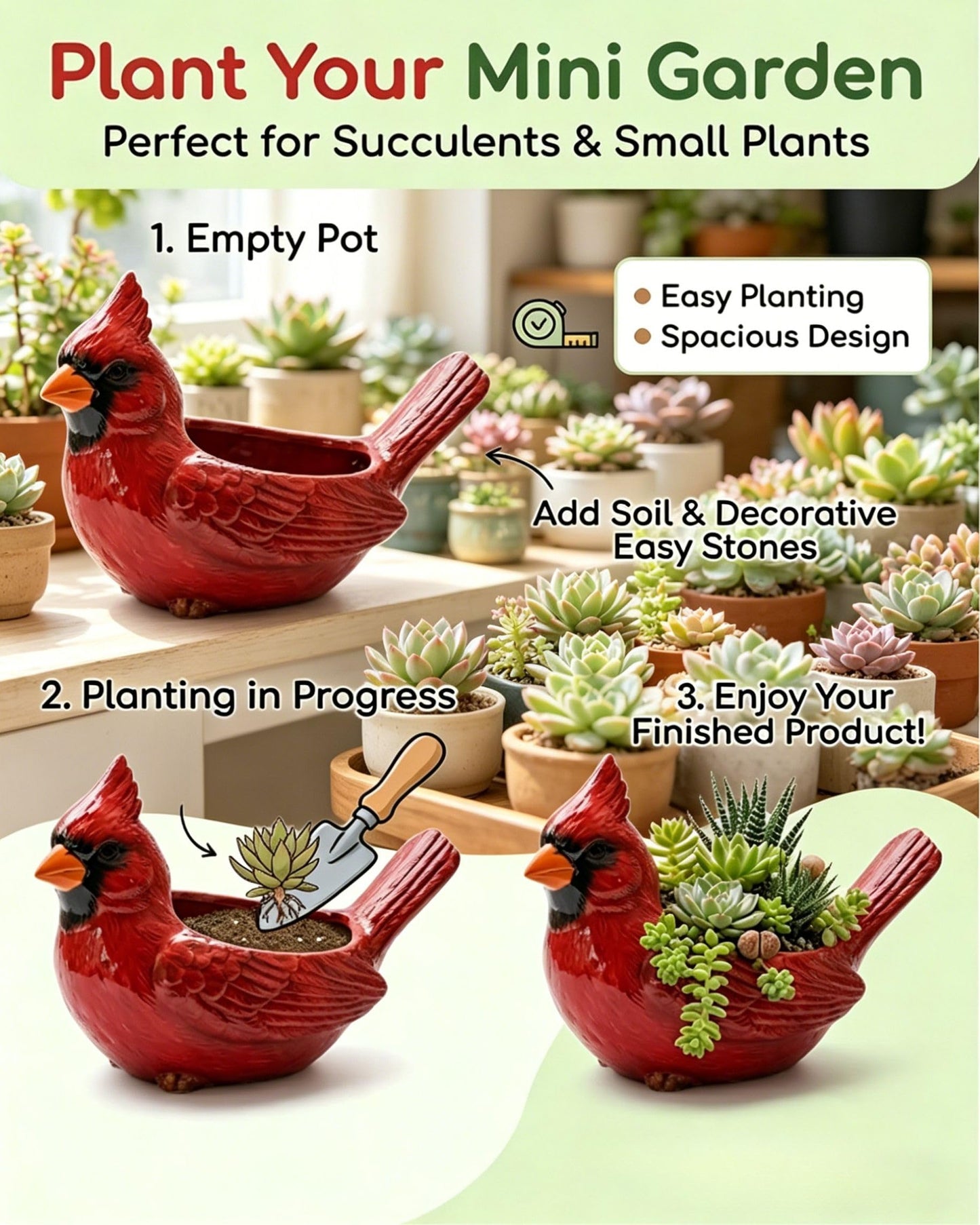 Nosecado Cardinal Bird Succulent Planter, Red Birds Plant Pot, Cardinal Succulent Planter Flower Plant Pot, Small Bird Planter for Desk Windowsill Garden Decor, Unique Gift (Red)