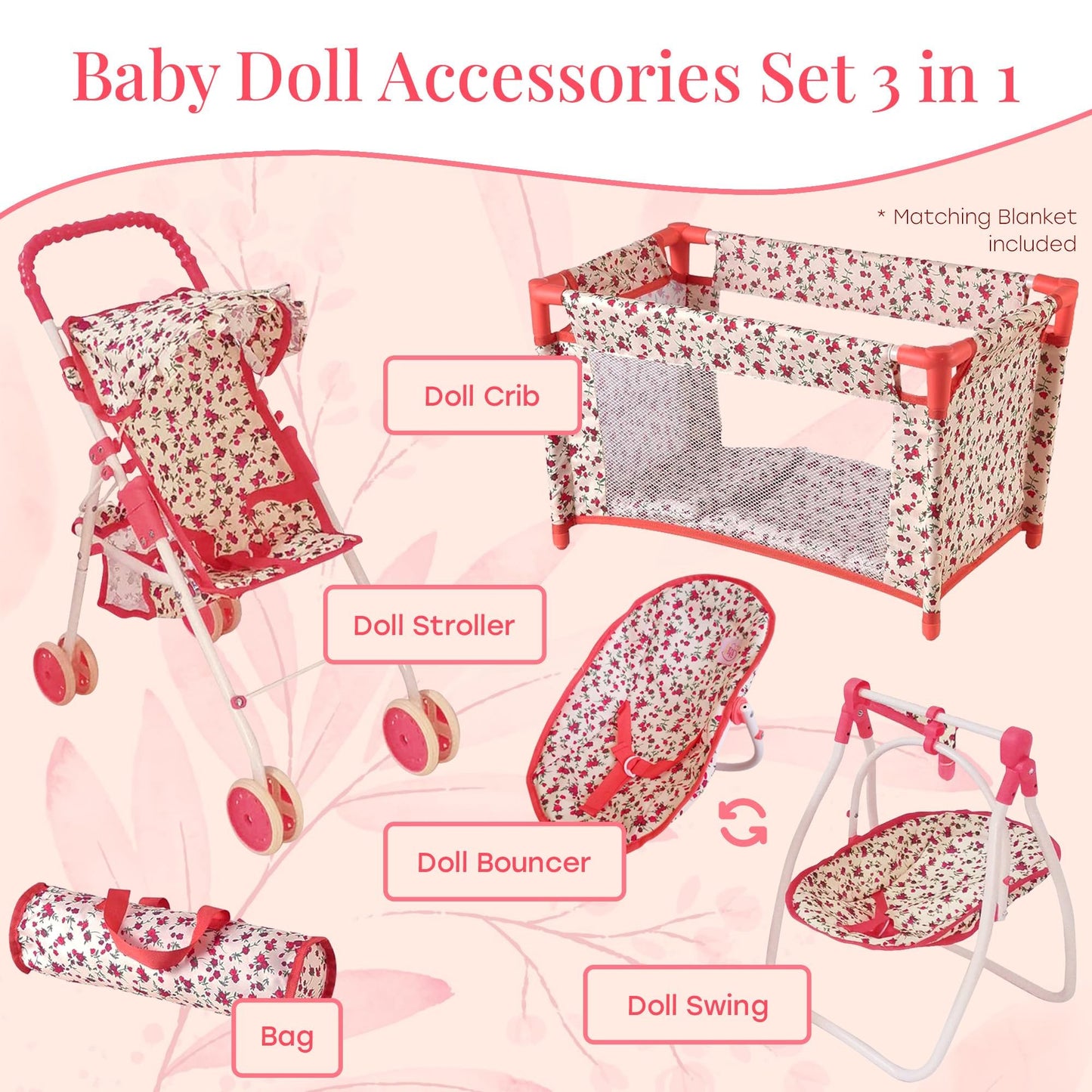 Deluxe Baby Doll Stroller and Crib Furniture Playset, Multi Baby Doll Accessories Set for 18" Dolls, Includes Doll Stroller Swing and Doll Bed Pretend Play for All Dolls - Floral