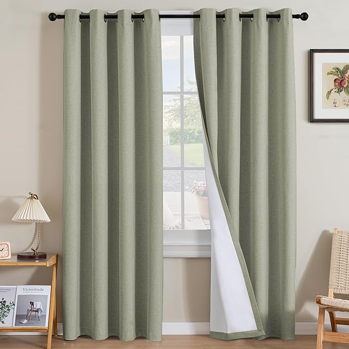 H.VERSAILTEX Linen Curtains 100% Blackout Curtains for Bedroom 108 inch Long Full Light Blocking Nature Linen Blended Window Curtains for Living Room Nickel Grommet (2 Panels, Heathered Tea)