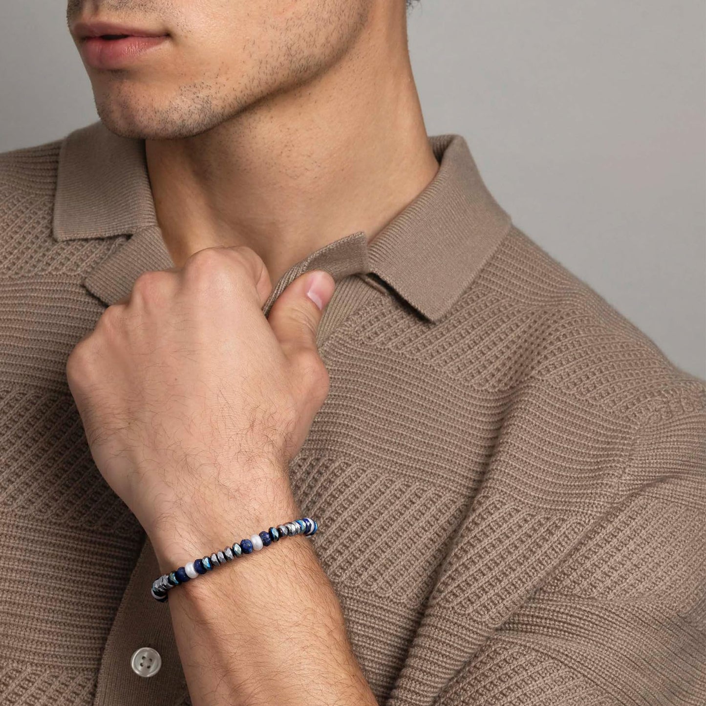 Holamonte Natural Stone Beaded Bracelets for Men, Tigereye Bead Link Bracelet, Adjustable Retractable Cord, Men's Chakra Protection Lapis Hematite Glass Pearl Bracelet, Ideal Gift (Blue)