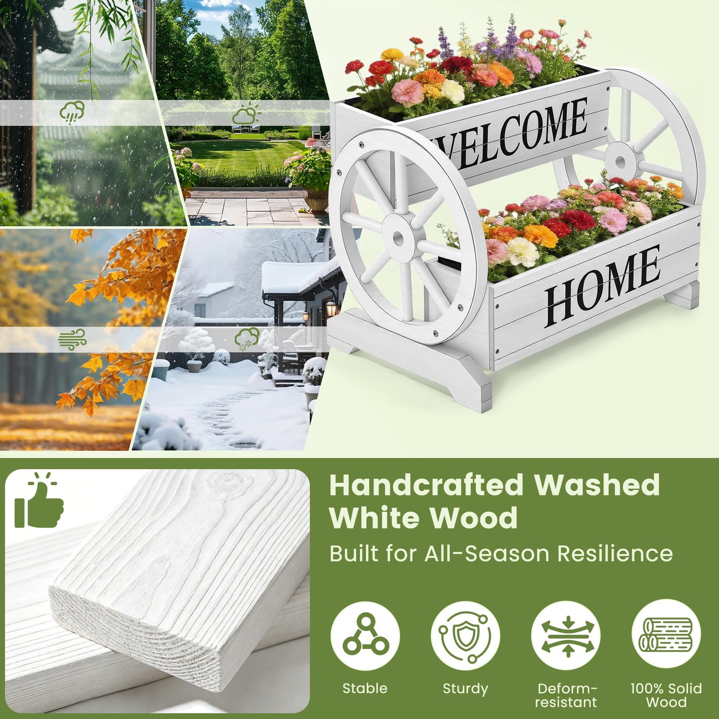 Ultym 2-Tier Wooden Wagon Planter Box, Extra Large Decorative Flower Cart with Wheels, Washed White Rustic Wood Planter with Drainage Holes & Non-Woven Liner, Raised Bed for Flowers Herbs Vegetables