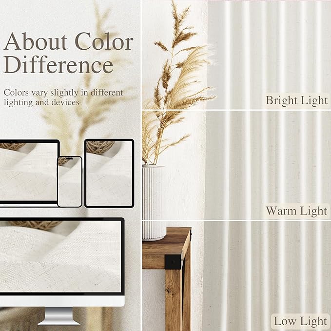 Cream Linen Curtains 84 Inch Length 2 Panels Back Tab Pocket Semi Sheer Bedroom Curtains Light Filtering Country Closet Curtain Drapes Netural Farmhouse Window Panels for Living Dining Room 40x84
