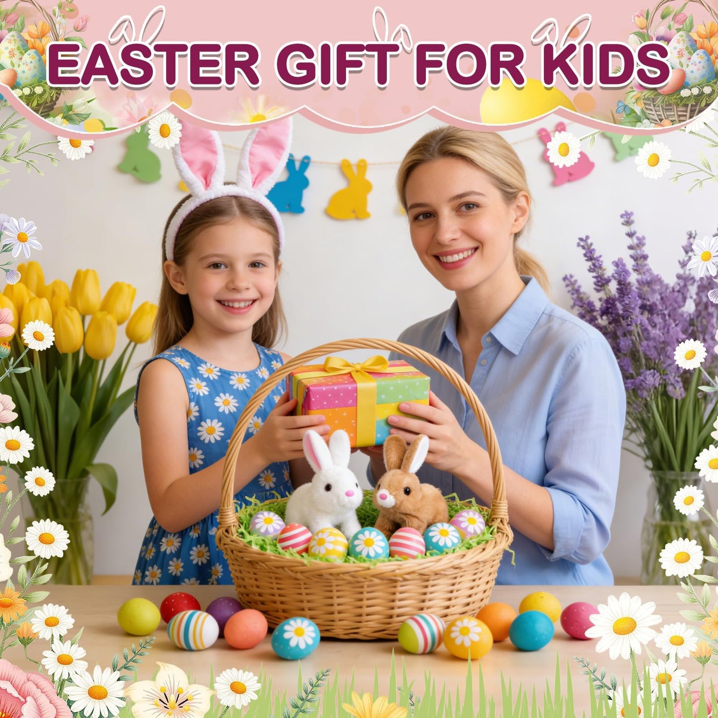 Realistic Bunny Toy, Easter Bunny Plush, Interactive Hopping Bunny Toy with Carrot, Stuffed Bunny with Sounds, Wiggling Ears, Mouth, Nose, Easter Basket Birthday Gift for Kids Girls Boys (White)