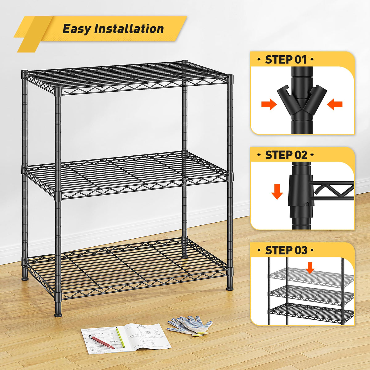 3 Tier 450LBS Adjustable Wire Shelving Unit for Kitchen (2 Count)