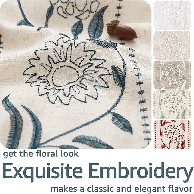 jinchan Winslow 4 Panel Curtains Set 84 Inch Length Embroidered Bordered Floral Curtains for Living Room Farmhouse Decor Light Filtering Window Treatments Blue on Beige Drapes 4 Panels