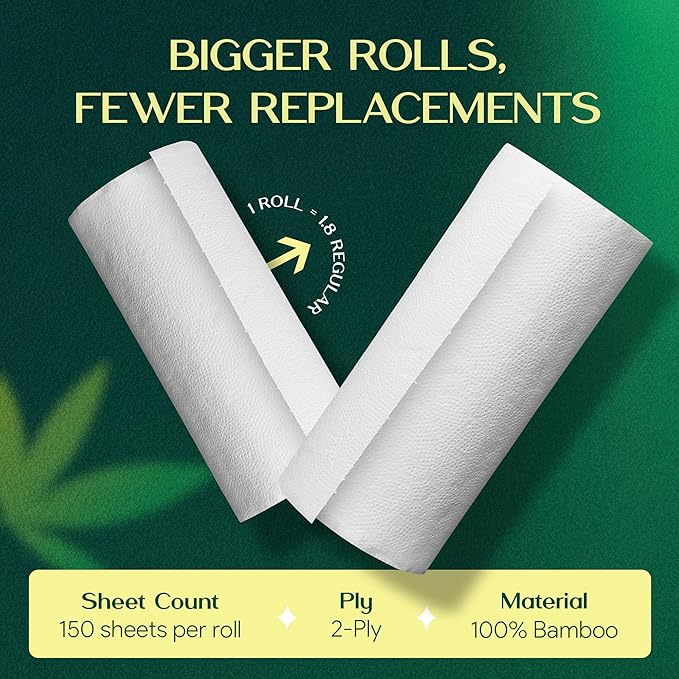100% Bamboo Paper Towels | Lint-Free, Eco-Friendly, Tree-Free | 2-Ply Kitchen Paper Towel | Food Grade – FSC-Certified, BPA/PFAS-Free | 6 Mega Rolls – 150 Sheets/Roll | PALM NAKI