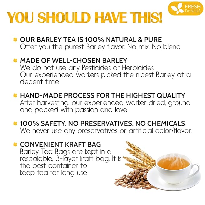 FreshDrinkUS, Premium 120 Barley Tea Bags, 100% Natural & Pure from Barley. Herbal Tea. Made with Natural Material Tea Bags. No Sugar, No Caffeine, No Gluten, Vegan.