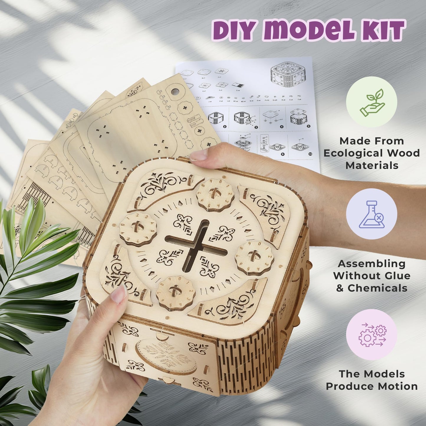 3D Wooden Puzzle Treasure Box Kit with Working Combination Lock and Secret Compartment, Laser-Cut Mechanical Model Craft, DIY Brain Teaser Gift for Adults, Teens and Kids Ages 6 and Up