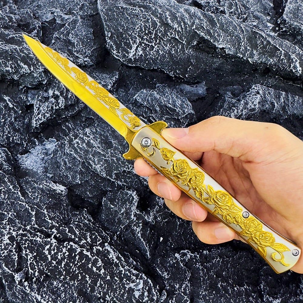 SAIYM Rose Relief Pocket Knife, Elegant EDC Folding Tactical Knife Blade 3.8in for Outdoor Survival Camping Hiking Gift for Adults Men Women, Golden