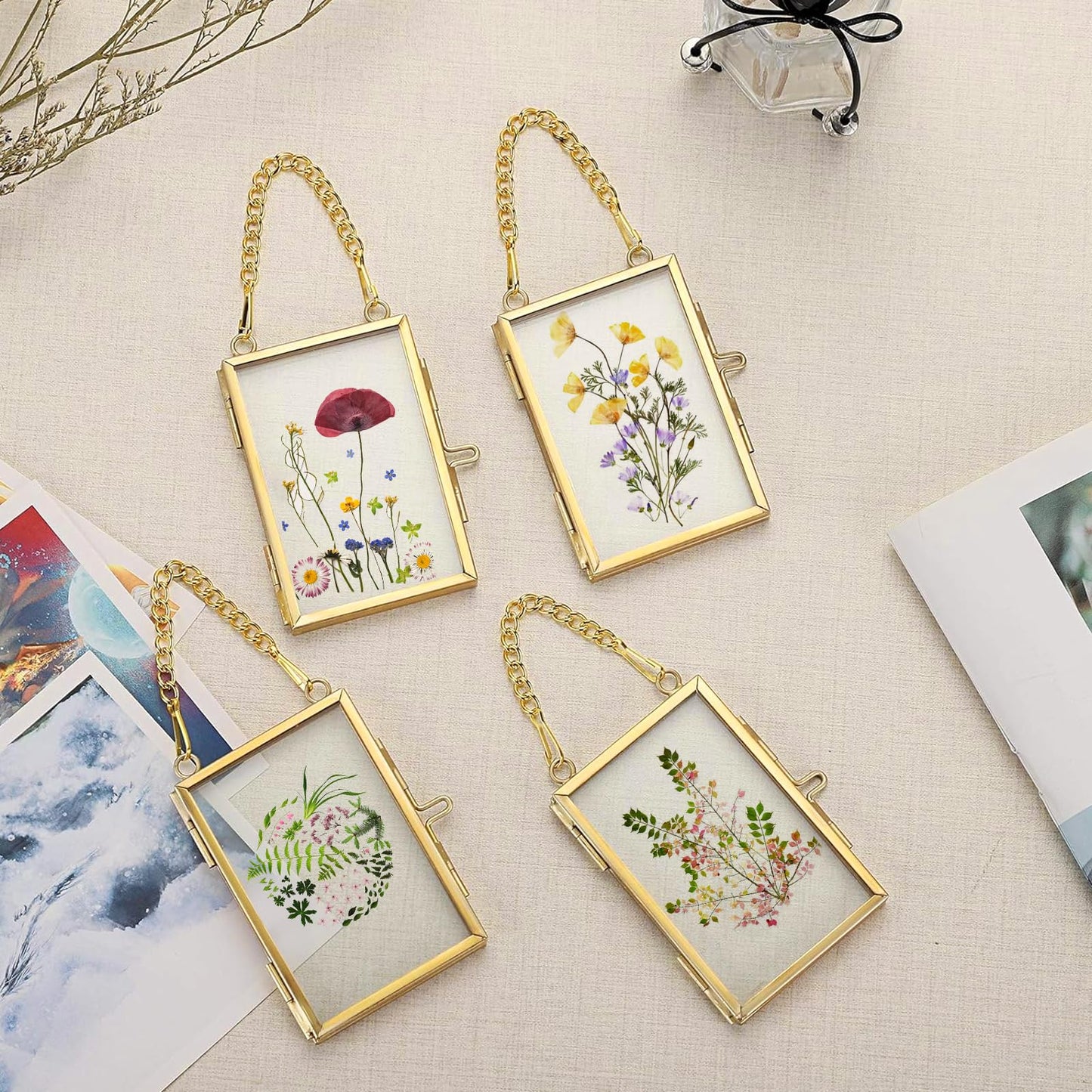 FOCHIER F 4 Pcs Pressed Flower Frame with Tweezers, Wall Hanging Tabletop Display Double Glass Frames with Metal Chain for Pressed Dried Flowers Plants, Horizontal and Vertical Picture Frame, Gold, FRAMES ONLY