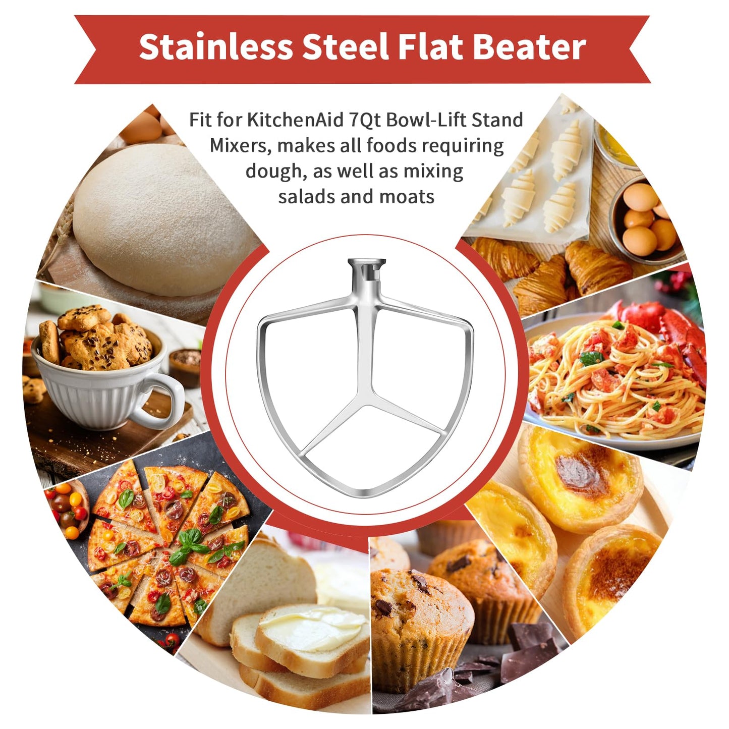 Stainless Steel Stand Mixer Attachment 3-Piece Set for KitchenAid 7QT Lift Bowl Mixer. Includes whisk, flat beater and dough hook for KitchenAid 7-quart mixer, Dishwasher Safe
