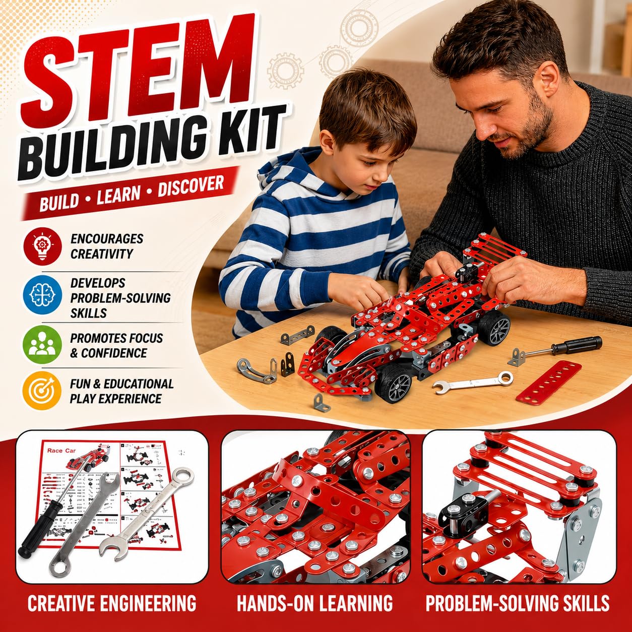 DIYBee Metal Model Car Kit, 287 Pcs Racing Car Building Kit for Boys 8-12, Build Your Own Car Kit with Real Tools, STEM Engineering Erector Set Gift for Kids Teens & Adults