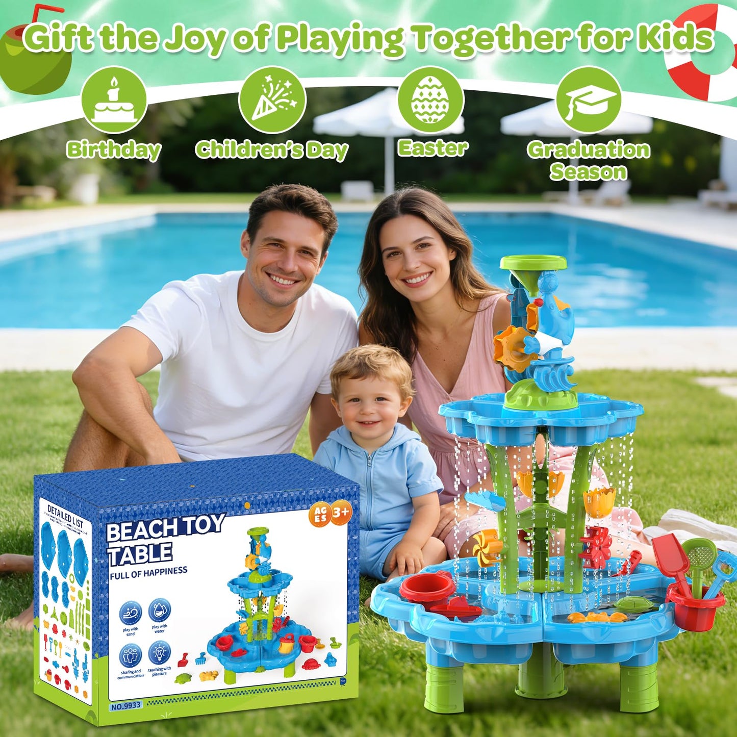 JSDOOGOO 3-Tier Kids Toddlers Water Sand Table - Multifunctional Summer Outdoor Toys with Stable Design,Sensory Learning Backyard Poolside Beach Activity Playset Gift for Boys Girls(Azure)