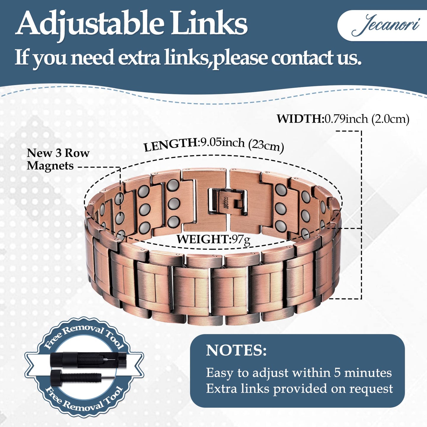 Jecanori 3X Magnetic Copper Bracelet for Men, Ultra Strength Magnetic Bracelet and Copper Ring Jewelry Gift Set with Adjust Tool