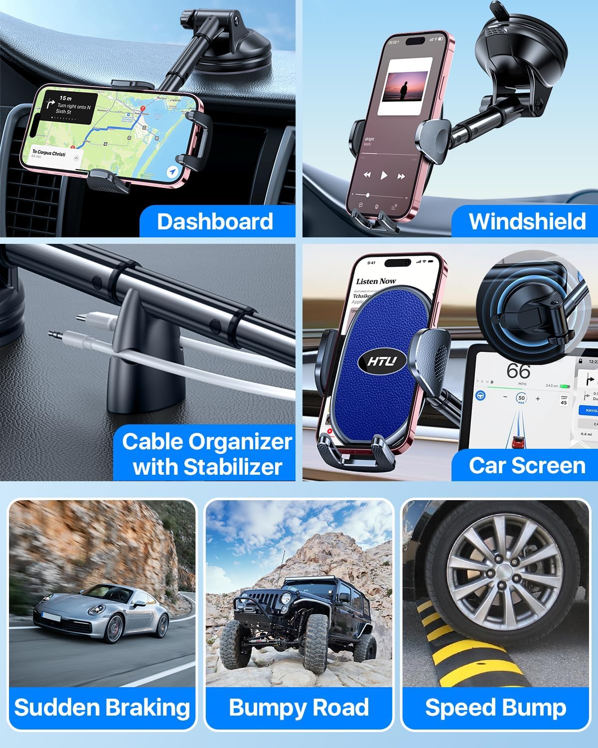 HTU 【Military-Grade Suction】 2025 Cell Phone Holder for Car【Flexible Telescopic Arm】 Car Phone Mount Stand for Dashboard Windshield for iPhone 16 Pro Max 15 14 13 12 Samsung Truck Jeep, Dark Blue