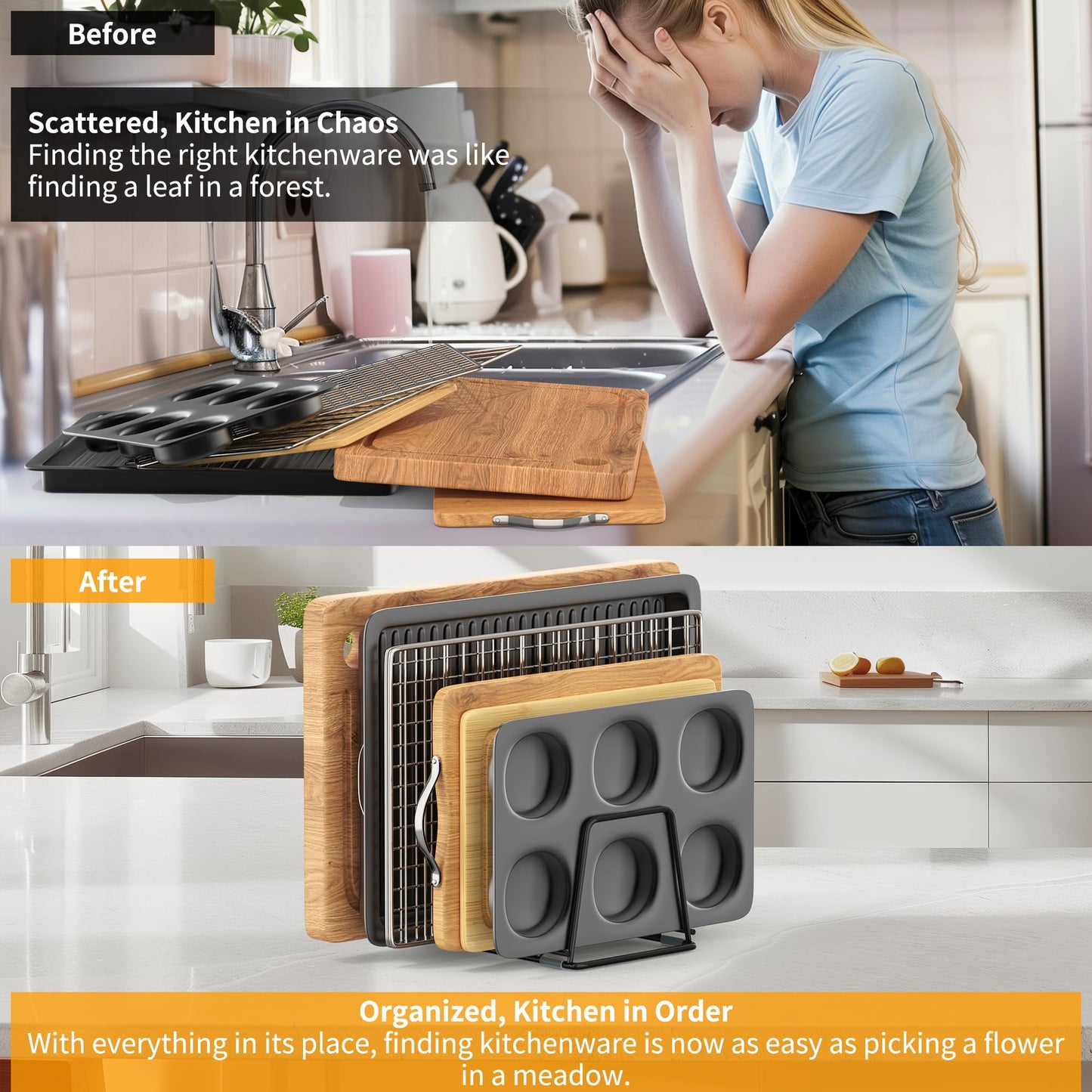 LAEMYFYRE Cutting Board Organizer Kitchen Organizer Rack for Cutting Board, Bakeware, and Cookie Sheet, 5-Slot Heavy-Duty Steel Cookware Holder,Rust-Resistant with Anti-Slip Feet (2, Small)
