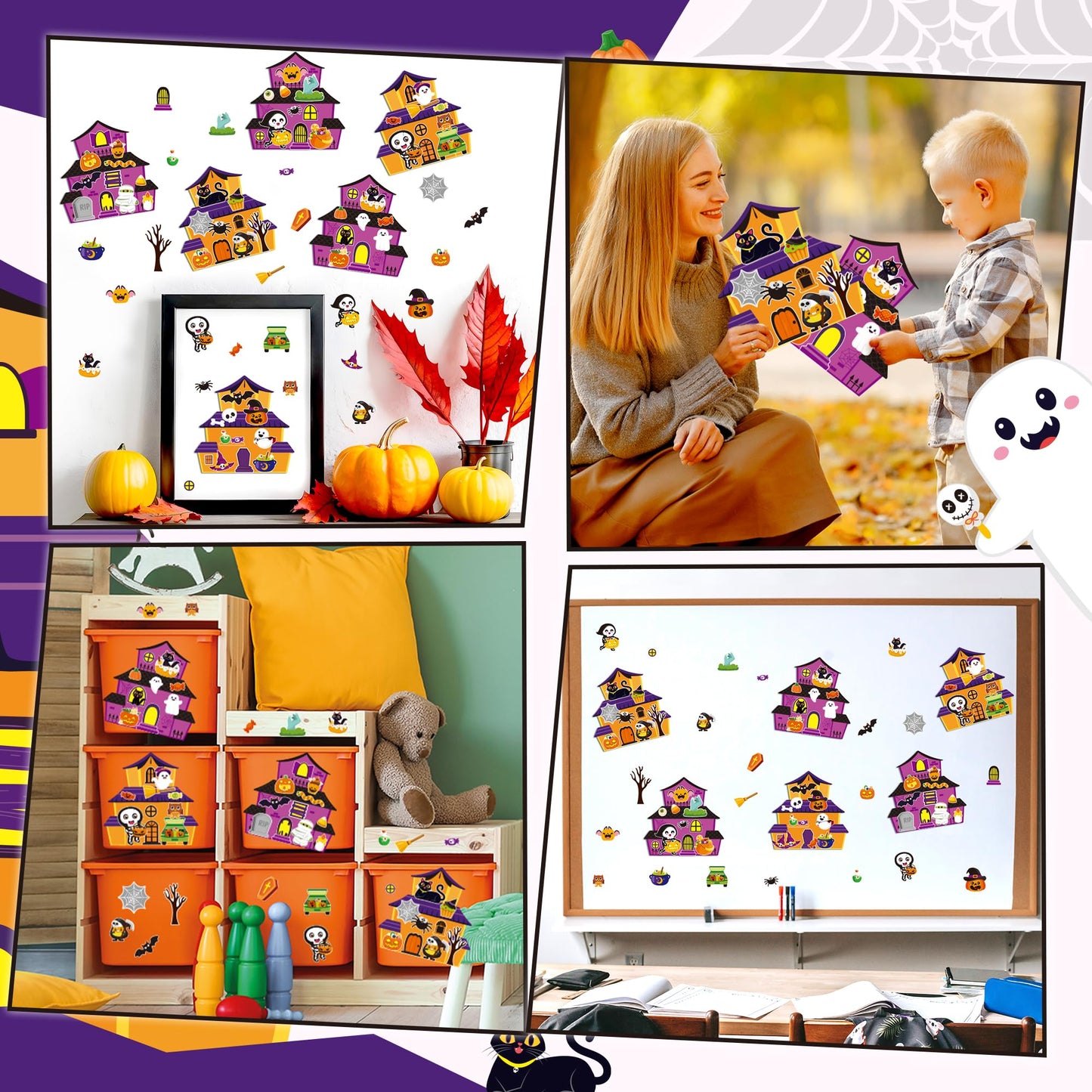 CY2SIDE Halloween Haunted House Stickers - 24 Set Make A Haunted House Craft Kits for Kids, DIY Halloween House Scene With Witch Sticker, Class Activity