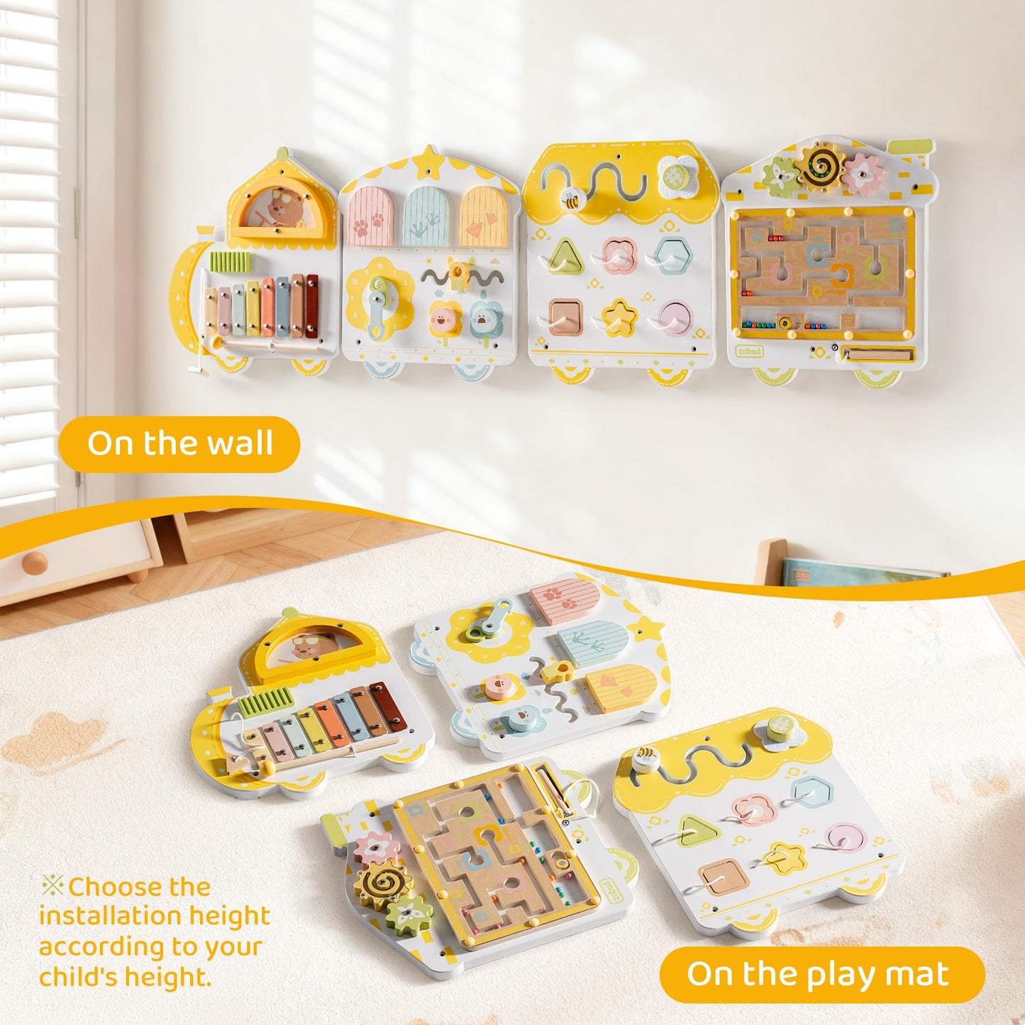 ROBUD Activity Wall Busy Board, Spring Train Montessori Busy Board, 12-in-1 Wooden Sensory Wall Panel, Montessori Sensory Wall Panel for Boys & Girls, Ideal for Toddler Playroom Nursery Classroom