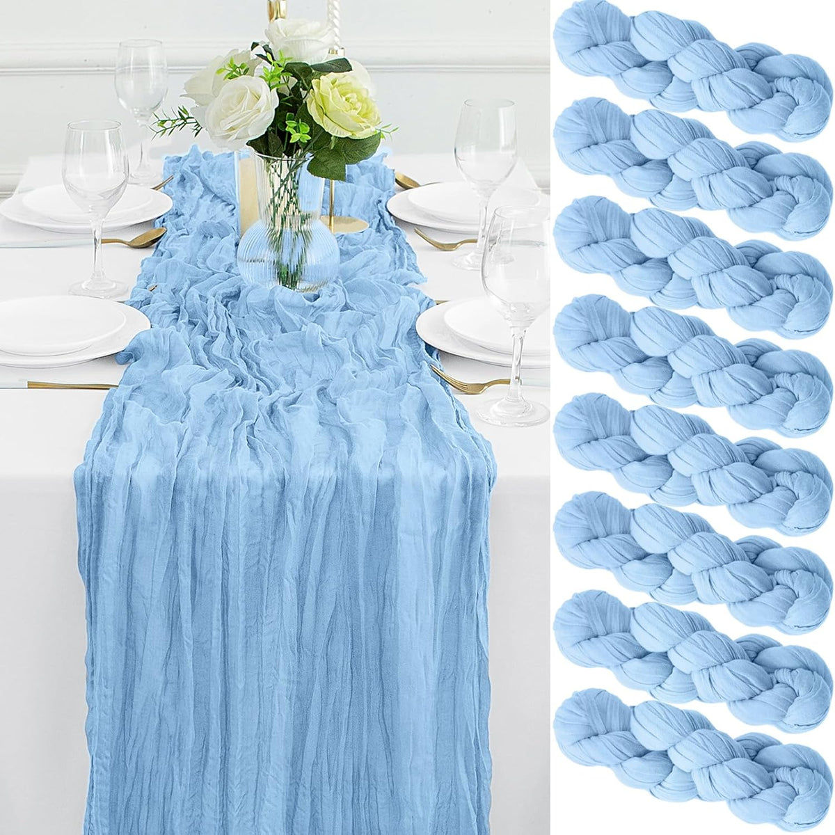 8Pack Light Blue Table Runner 10FT Cheesecloth Table Runner 35x120Inch Long Boho Cheese Cloth Table Runners Rustic Gauze Table Runners for Party Wedding Bridal Shower Baby Shower Decorations