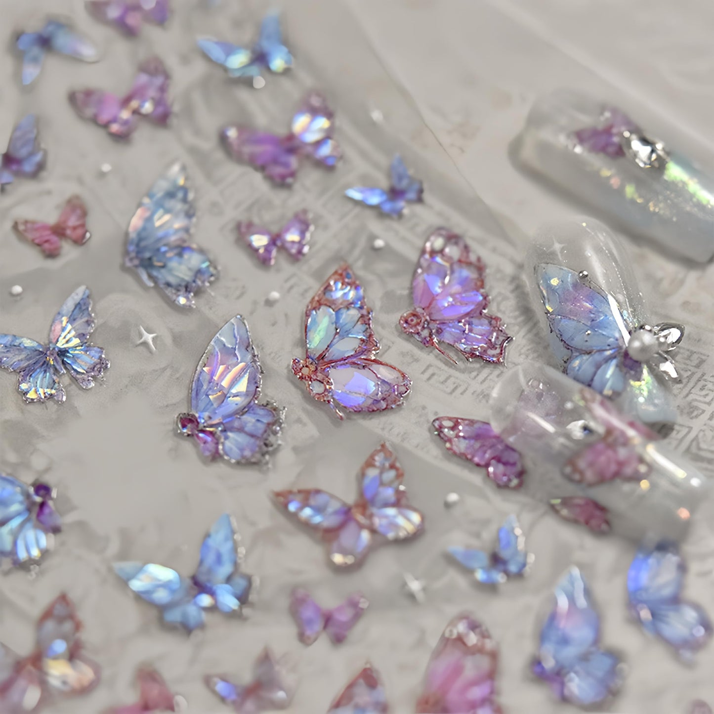 2 Sheets Butterfly Nail Art Stickers 5D Embossed Pink Butterfly Nail Decals Glitter Aurora Butterfly Nail Pattern Self-Adhesive Nail Art Stickers DIY Nail Decoration