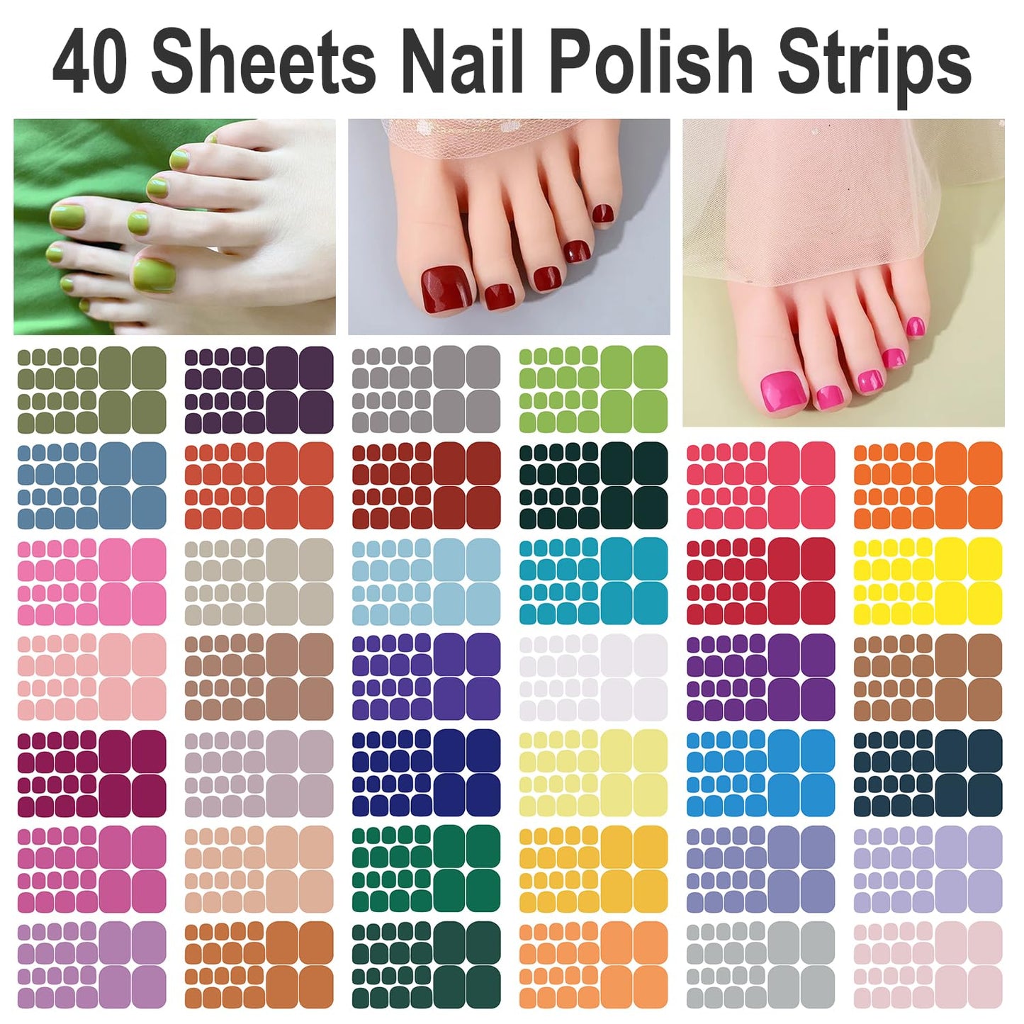 SILPECWEE 40 Sheets Toe Nail Stickers Full Nail Wraps for Women Solid Color Toenail Polish Strips Stick on Nail Polish Stickers Self Adhesive Manicure Stickers for Toes with 1pc Nail File
