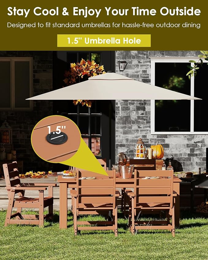 GREENVINES 7-Piece Outdoor Dining Set | HDPE | Patio Table and Chairs Sets for 6 | Patio Furniture | All Weather | Umbrella Hole | Teak | for Backyard Poolside Garden
