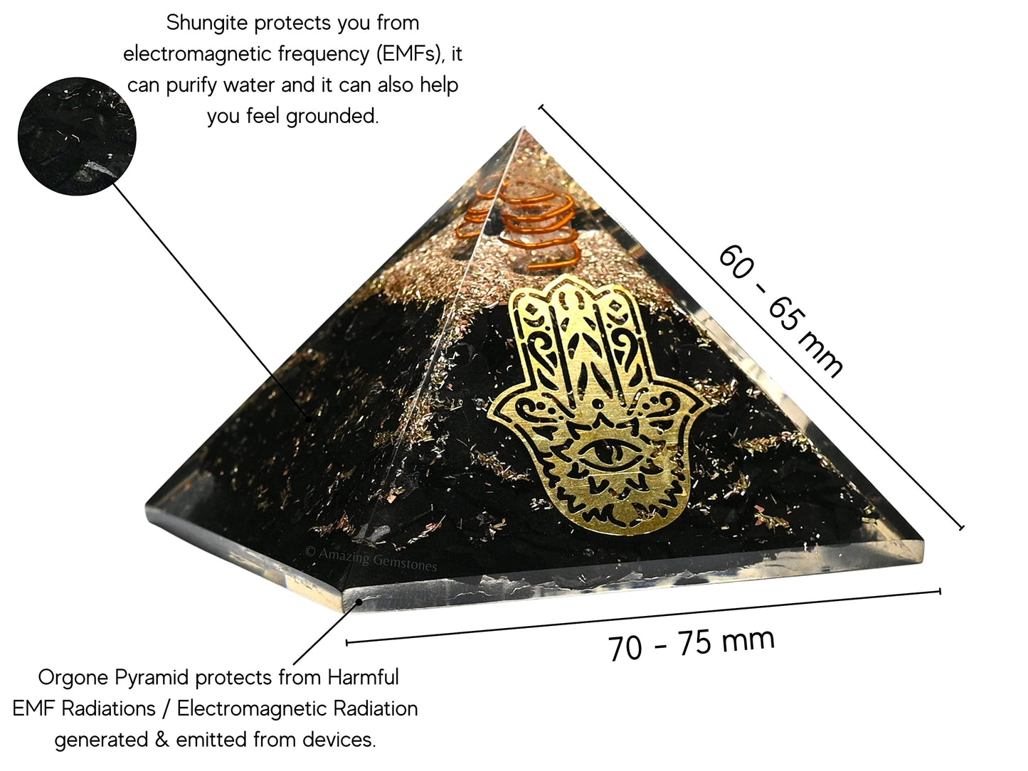 Amazing Gemstone Large Black Tourmaline Orgone Pyramid Crystal, Hamsa Hand Evil Eye Orgonite Pyramid, Positive Energy Healing