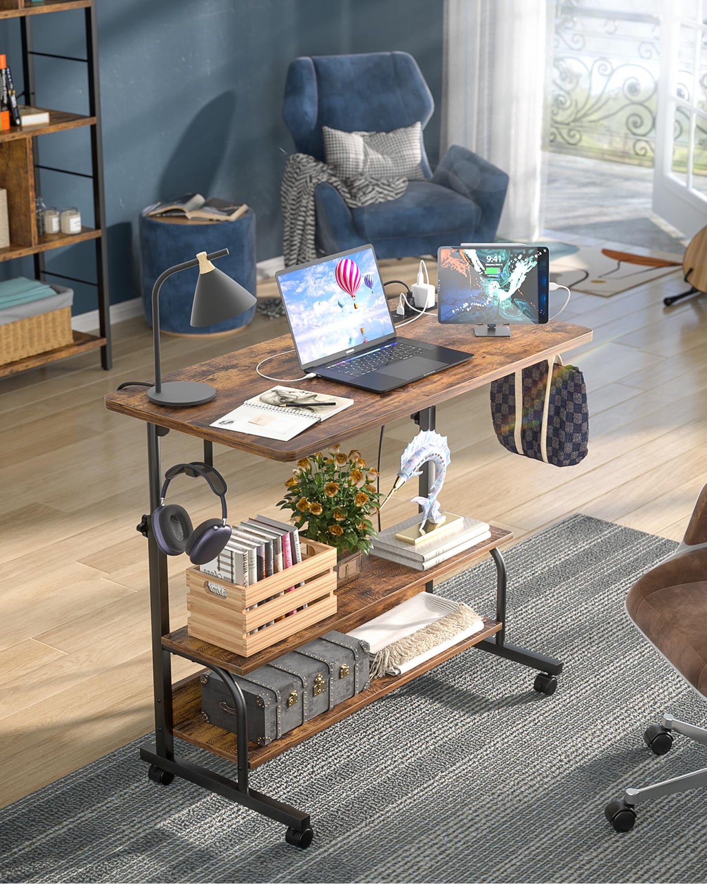 Armocity Rolling Standing Desk with Power Outlets, 32" Manual Height Adjustable Mobile Computer Desk with Wheels, Small Portable Sit Stand Laptop Couch Table for Bed & Sofa Home Office, Rustic Brown