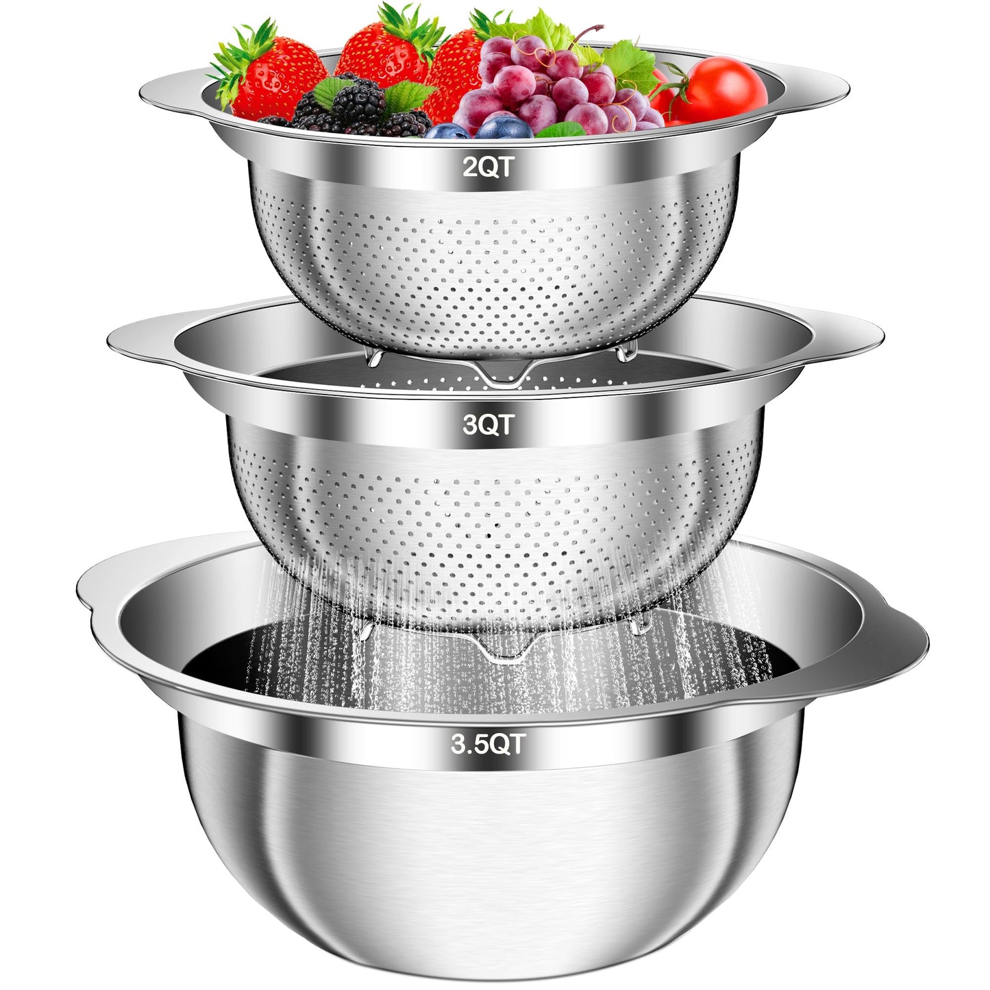 Colander, Stainless Steel Colander with Mixing Bowls (3.5QT), 3Pcs Strainer for Kitchen Gadget Food Strainer Basket with Handle, Colanders Bowl for Pasta Noodles Spaghetti Vegetables Fruit (3.5+3+2QT)