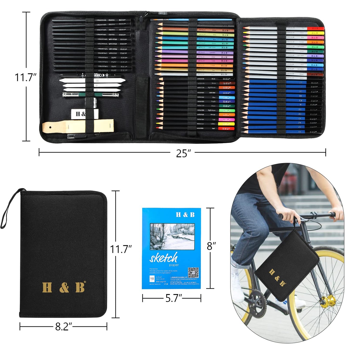 H & B 72PCS Drawing Supplies, Sketching Art Kit with A5 Sketchbook - Includes Graphite, Charcoal, Watercolor Pencils for Adults, Teens, Beginners & Kids
