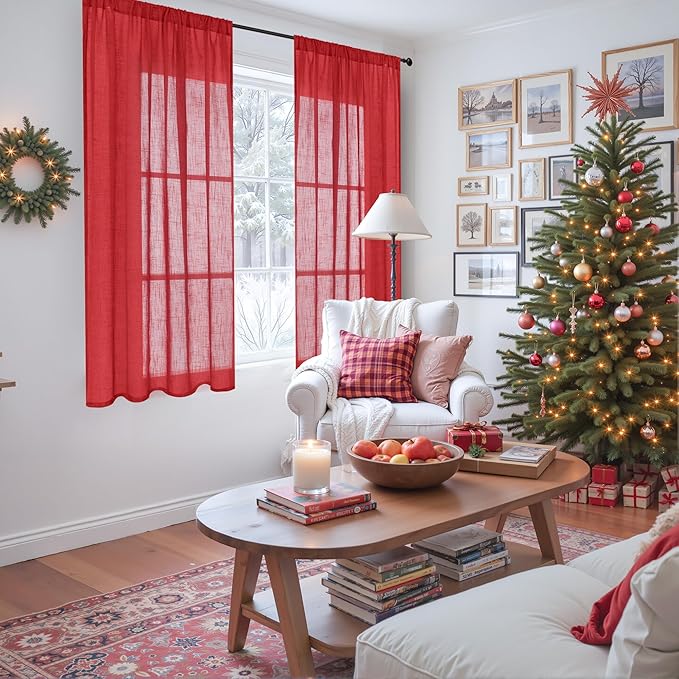 BGment Short Red Linen Curtains 48 Inch Length for Windows, Light Filtering Drapes Semi Sheer with Rod Pocket for Small Bedroom Living Room Lightweight, 2 Panels Set, Each 42 Inch Wide