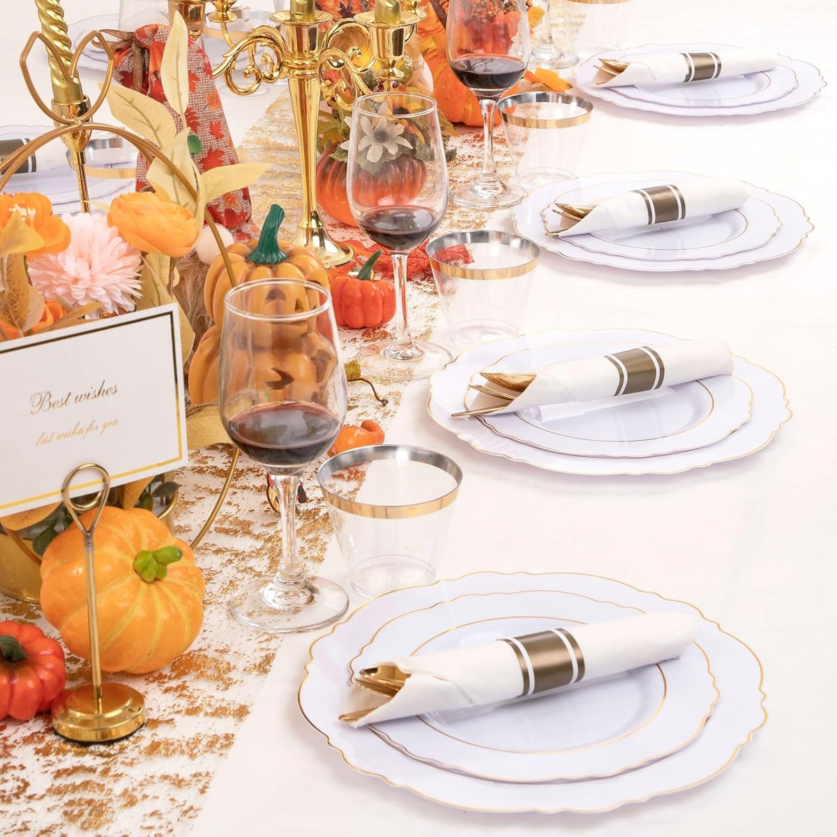Liacere 350PCS Gold Plastic Plates-Disposable White and Gold Plates 50guest Baroque Plastic Dinnerware include 100Plates, 50Pack Pre Rolled Napkins with Silverware 50Cups for Wedding&Thanksgiving