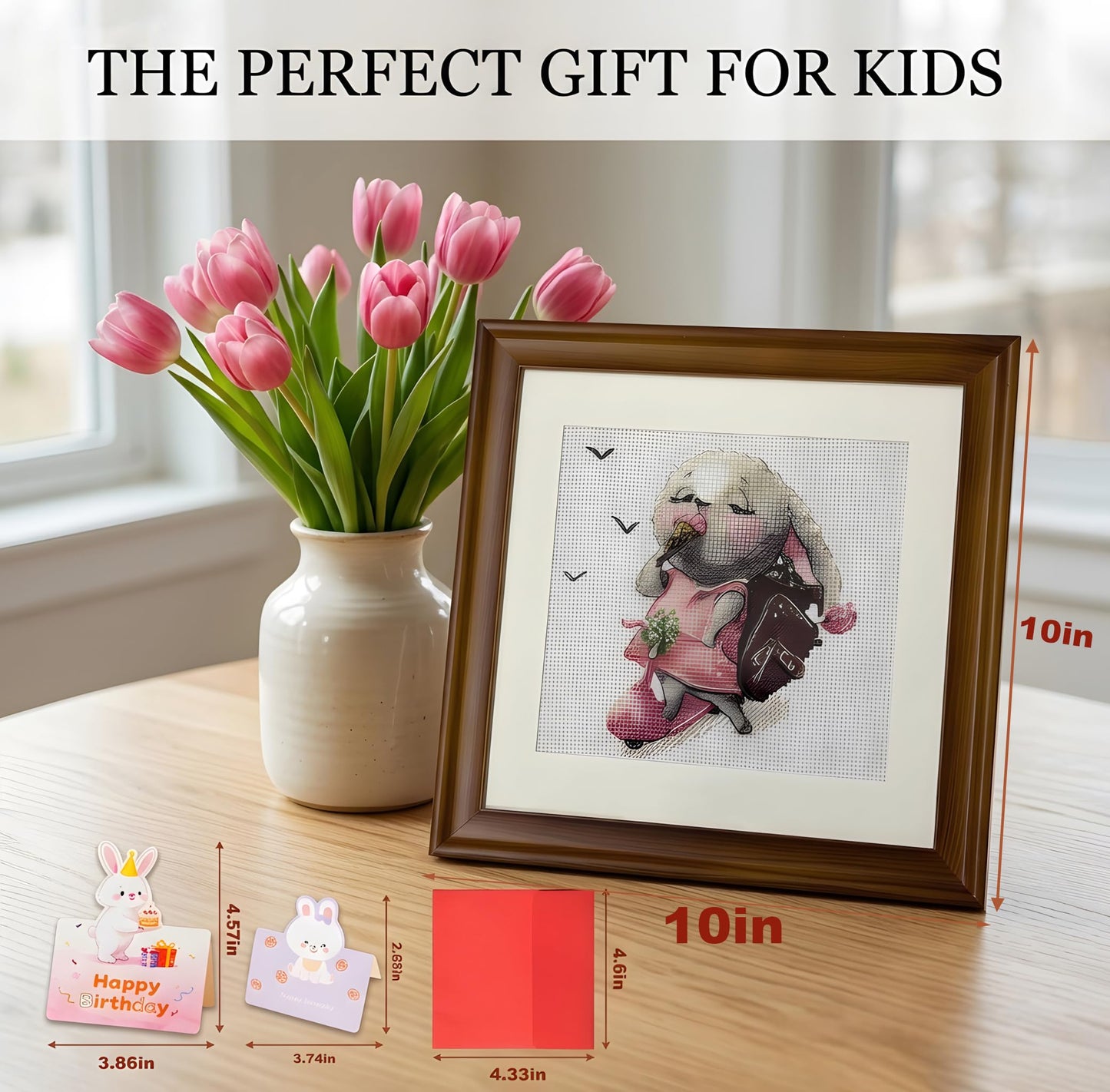 Handmade Cross Stitch Skateboarding Rabbit Wall Art with Solid Wood Frame with Envelope, Greeting Card, 10x10in Framed Pink Bunny Embroidered Nursery Decor, Funny Birthday Gifts for Children