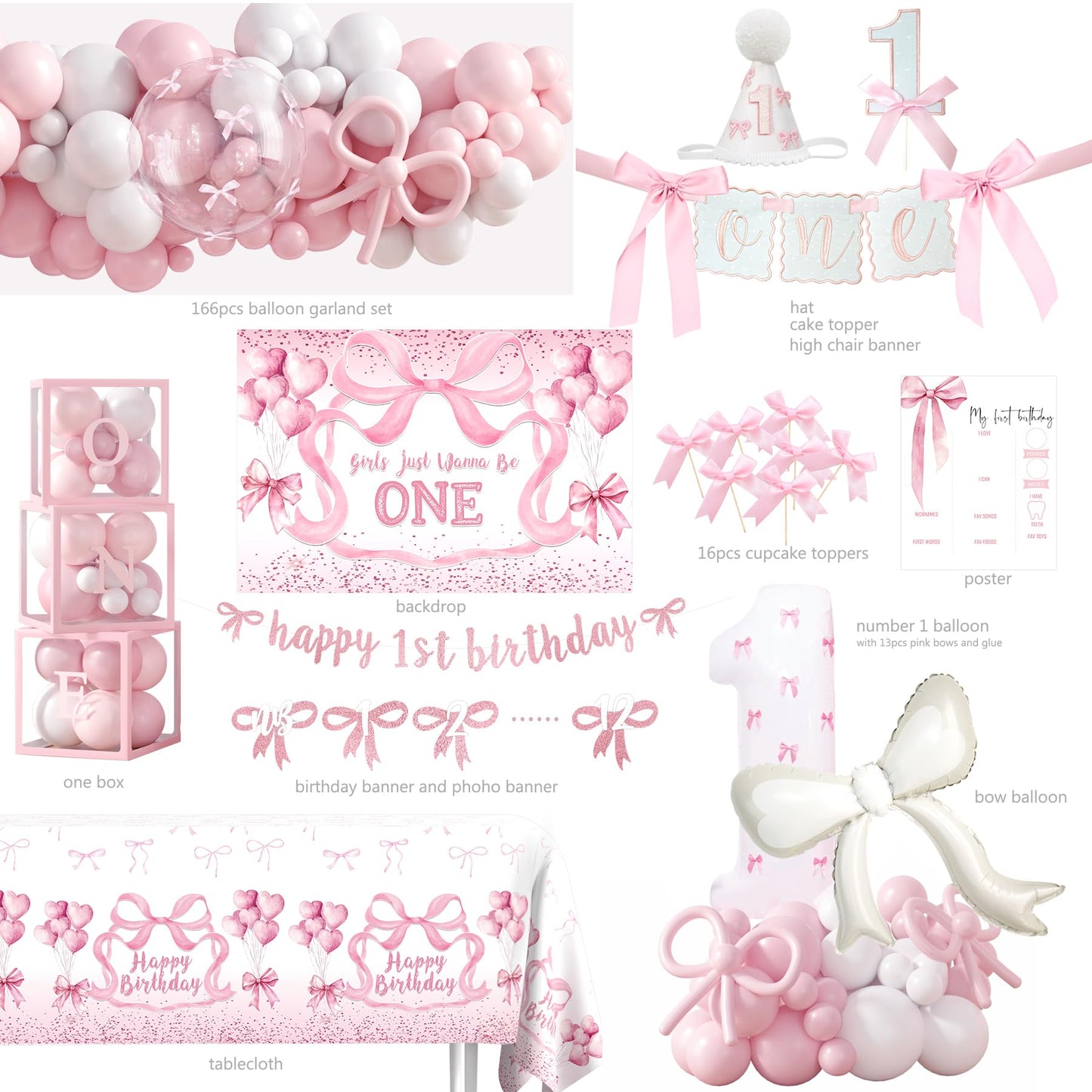 Pink Bow 1st Birthday Decorations, First Birthday Party Supplies for Girl, Pink White Balloon Arch Balloon Box Girls Just Wanna Be One Backdrop High Chair Banner